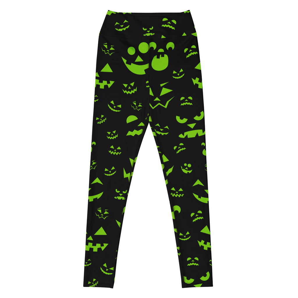 Women's Green Jack-O'-Lantern Faces Halloween Buttery Soft Yoga Leggings - Quick Drying, High Waisted Comfort