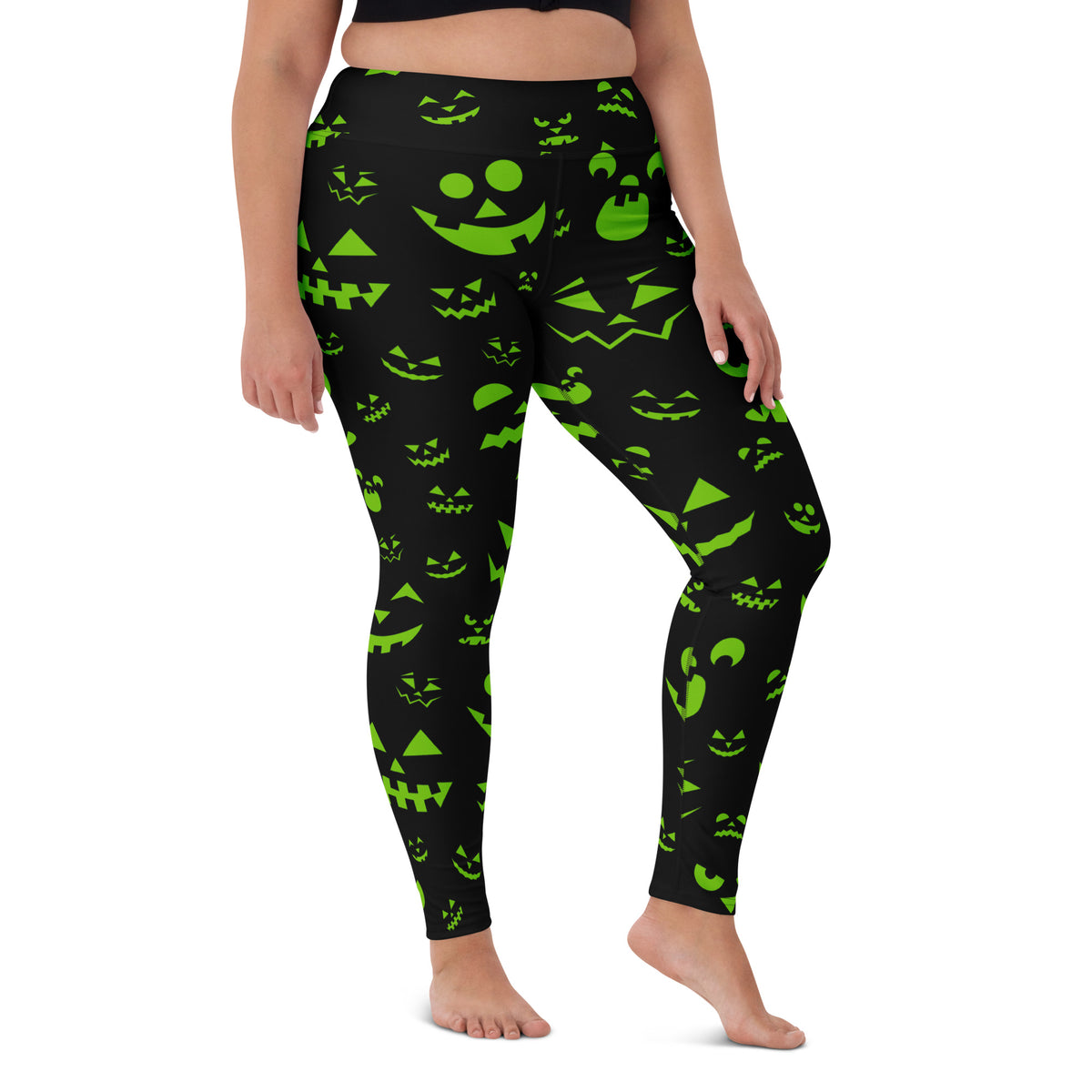 Women's Green Jack-O'-Lantern Faces Halloween Buttery Soft Yoga Leggings - Quick Drying, High Waisted Comfort