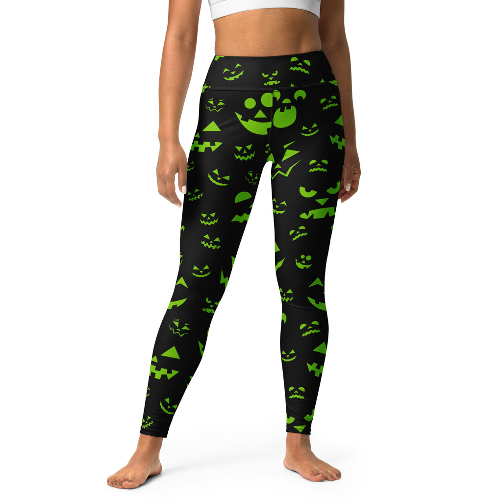 Women's Green Jack-O'-Lantern Faces Halloween Buttery Soft Yoga Leggings - Quick Drying, High Waisted Comfort