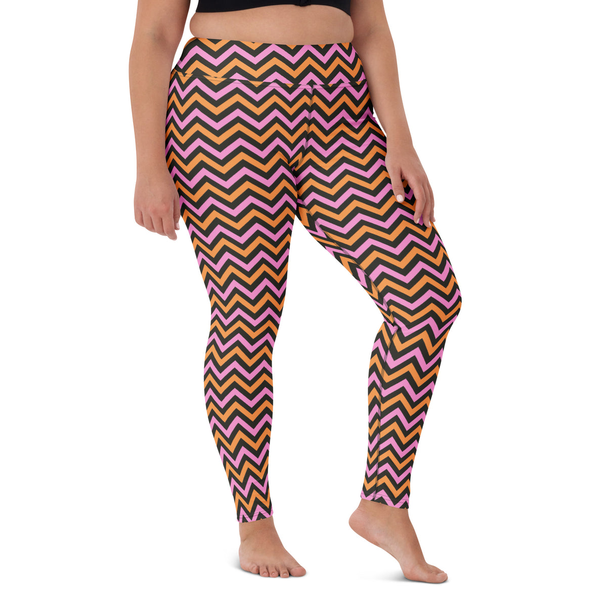 Women's Pink & Orange Chevron Striped Halloween Buttery Soft Yoga Leggings - Quick Drying, High Waisted Comfort