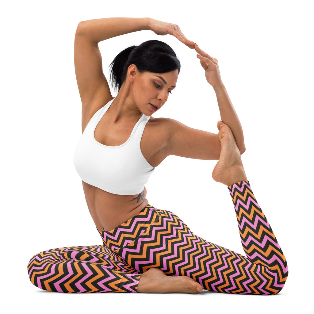 Women's Pink & Orange Chevron Striped Halloween Buttery Soft Yoga Leggings - Quick Drying, High Waisted Comfort