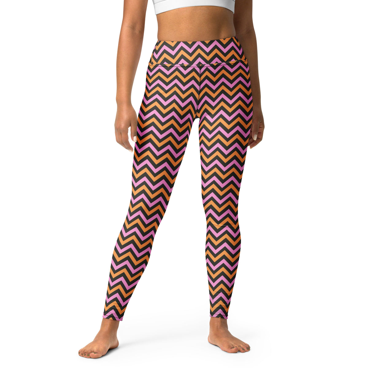 Women's Pink & Orange Chevron Striped Halloween Buttery Soft Yoga Leggings - Quick Drying, High Waisted Comfort
