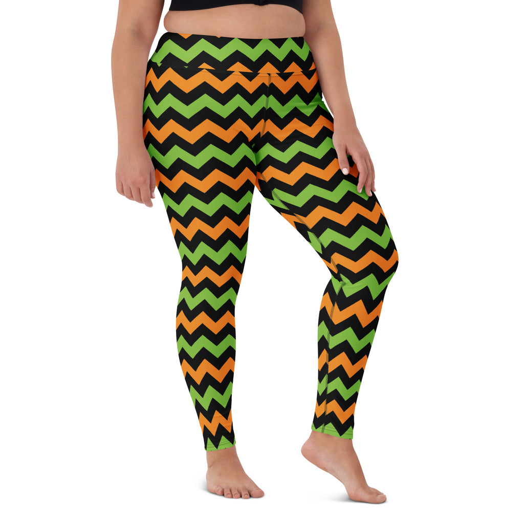 Women's Orange & Green Chevron Halloween Buttery Soft Yoga Leggings - Quick Drying, High Waisted Comfort