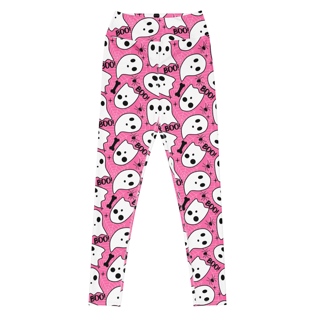Women's Pink Ghost Halloween Themed Buttery Soft Yoga Leggings - Quick Drying, High Waisted Comfort