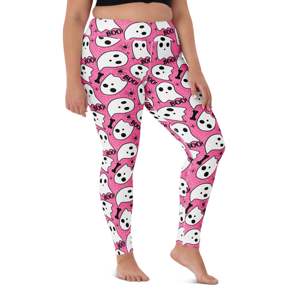 Women's Pink Ghost Halloween Themed Buttery Soft Yoga Leggings - Quick Drying, High Waisted Comfort