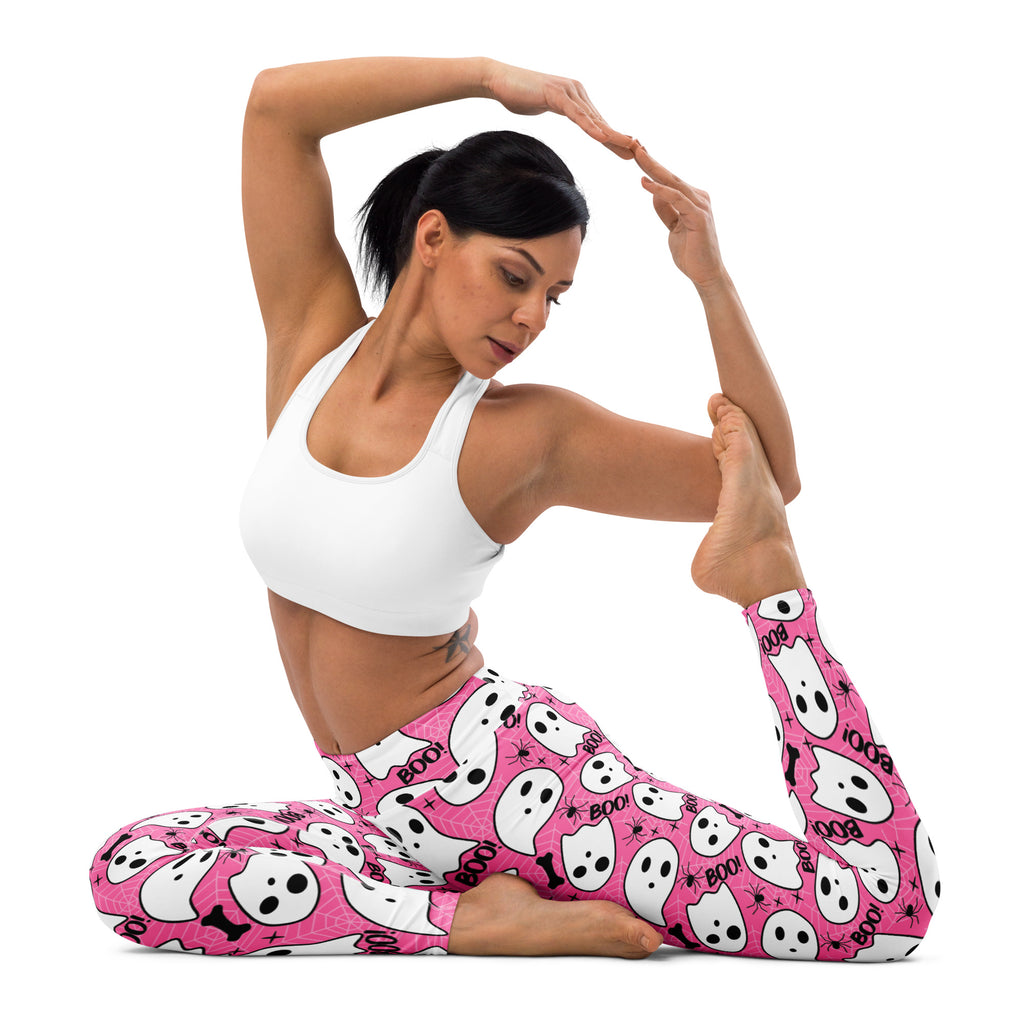 Women's Pink Ghost Halloween Themed Buttery Soft Yoga Leggings - Quick Drying, High Waisted Comfort