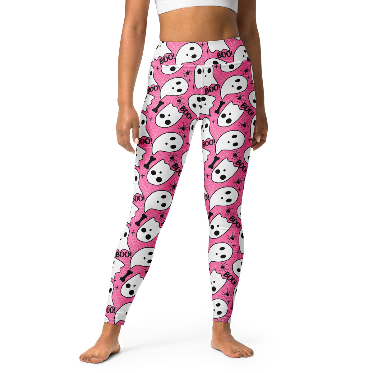 Women's Pink Ghost Halloween Themed Buttery Soft Yoga Leggings - Quick Drying, High Waisted Comfort