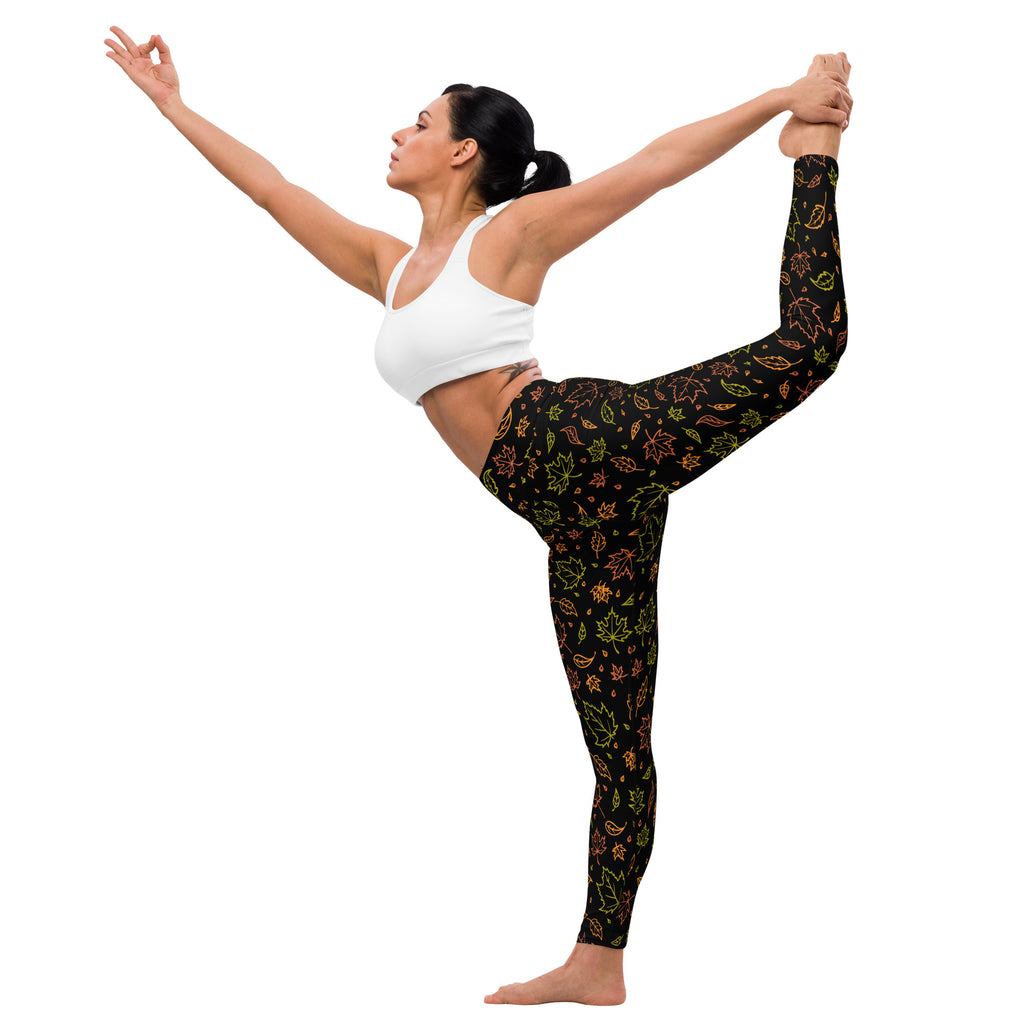 Black women’s fall leaves buttery soft yoga leggings with vibrant multicolored autumn leaf pattern