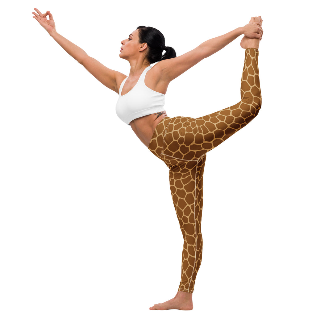 Brown giraffe print buttery soft yoga leggings for women shown from the back with a stretchy comfortable fit