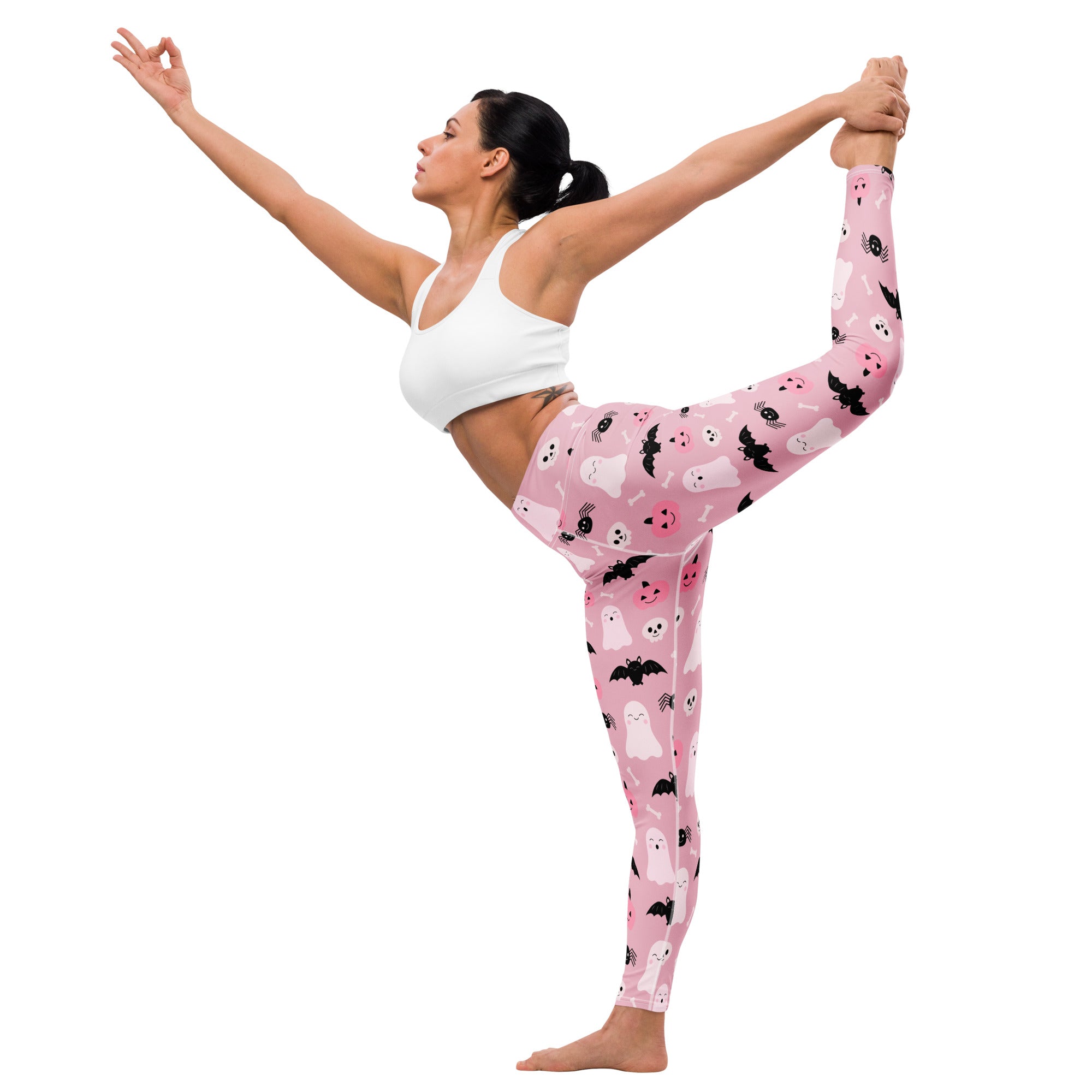 Women’s cute ghost and bats pink halloween buttery soft yoga leggings with playful white ghosts black bats and spiders pattern