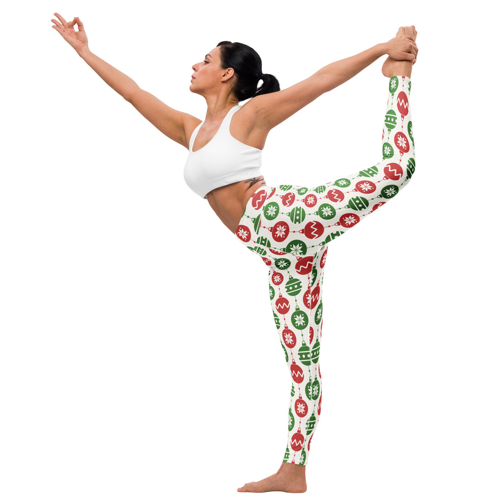 White buttery soft yoga leggings with festive red and green christmas ornament pattern for women