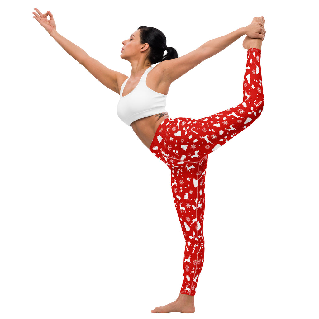 Women’s red christmas buttery soft yoga leggings with festive white reindeer snowflakes and christmas tree pattern