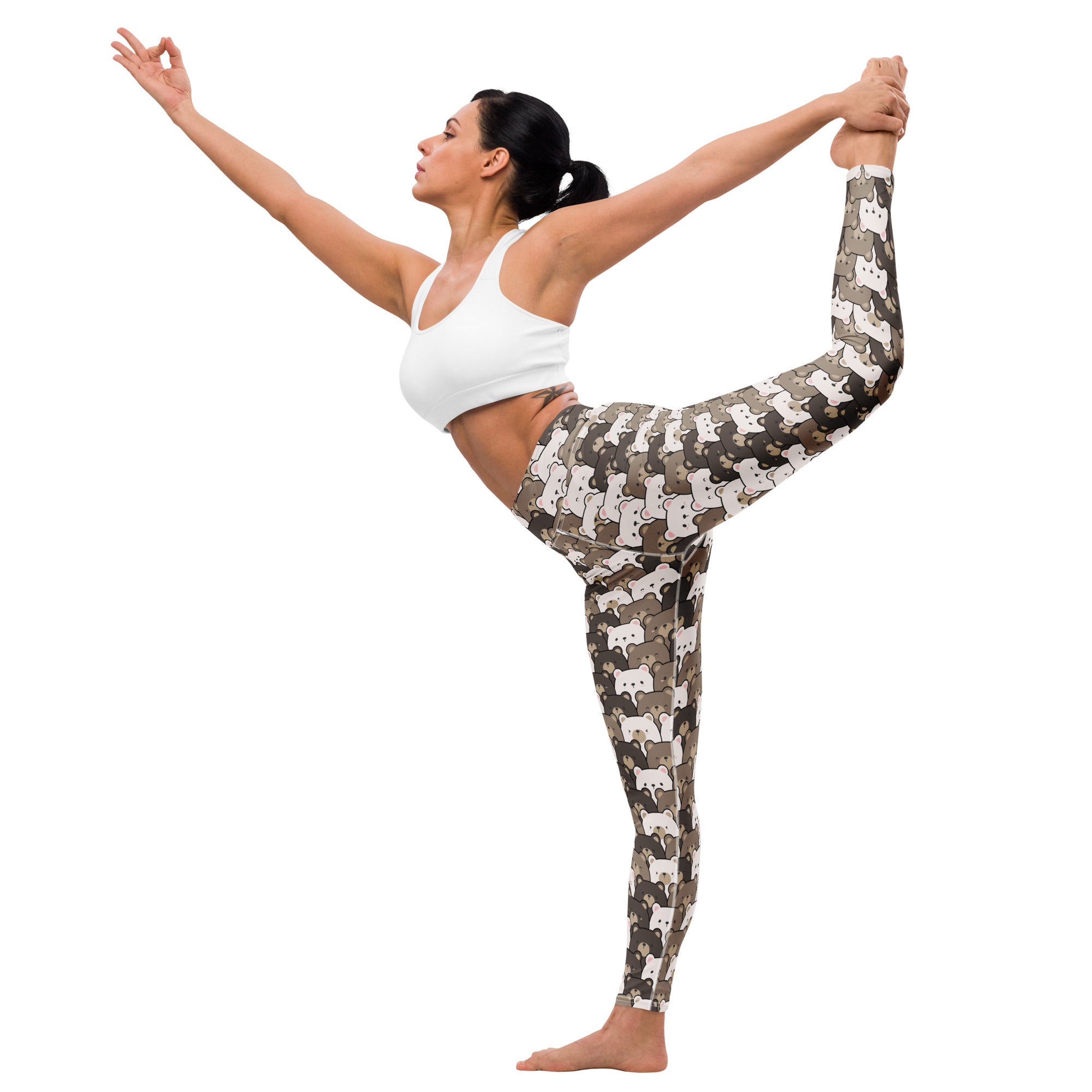 Women’s buttery soft yoga leggings with white cartoon cats on camouflage pattern for comfortable activewear