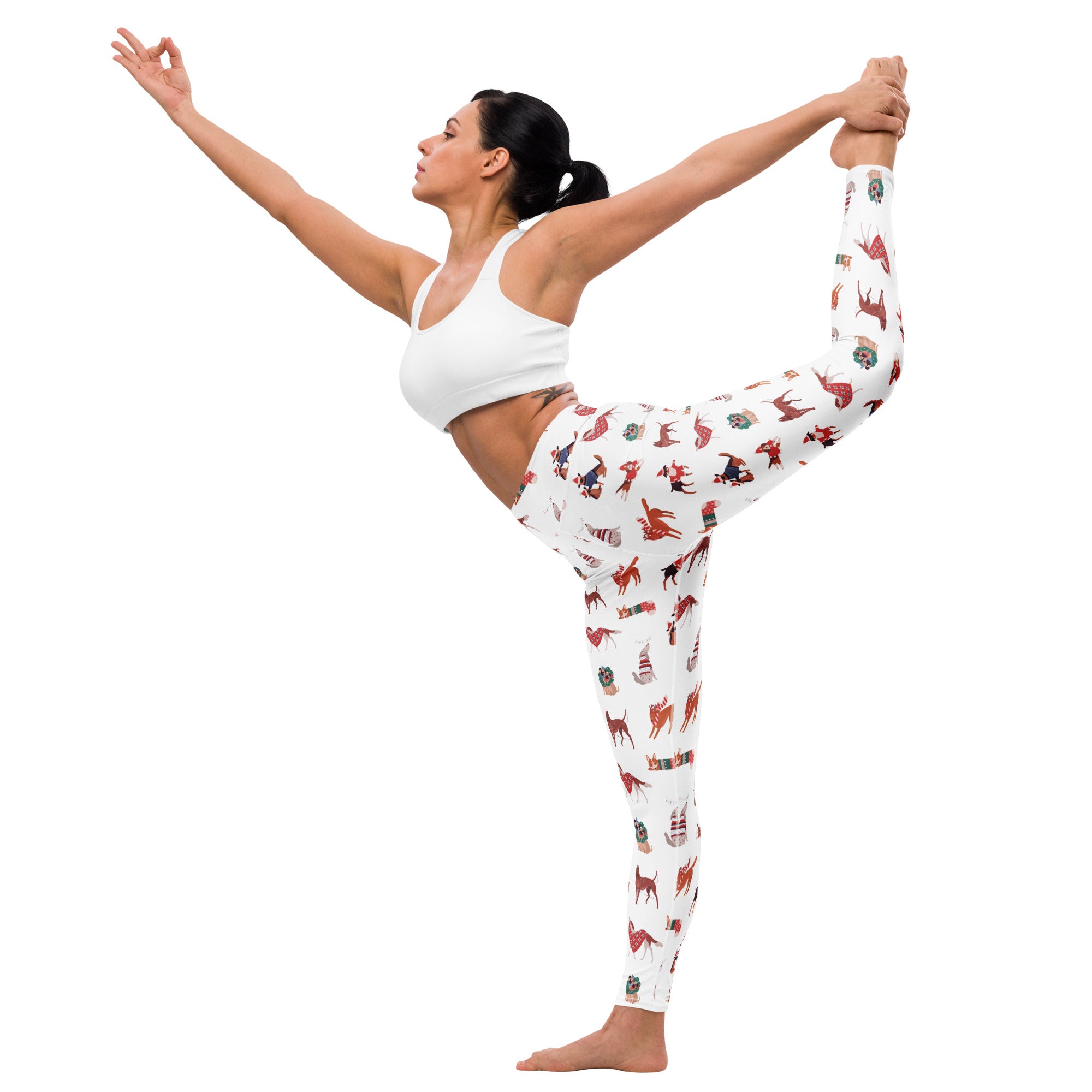 Women’s white buttery soft yoga leggings with playful red and brown deer hats and whimsical christmas designs