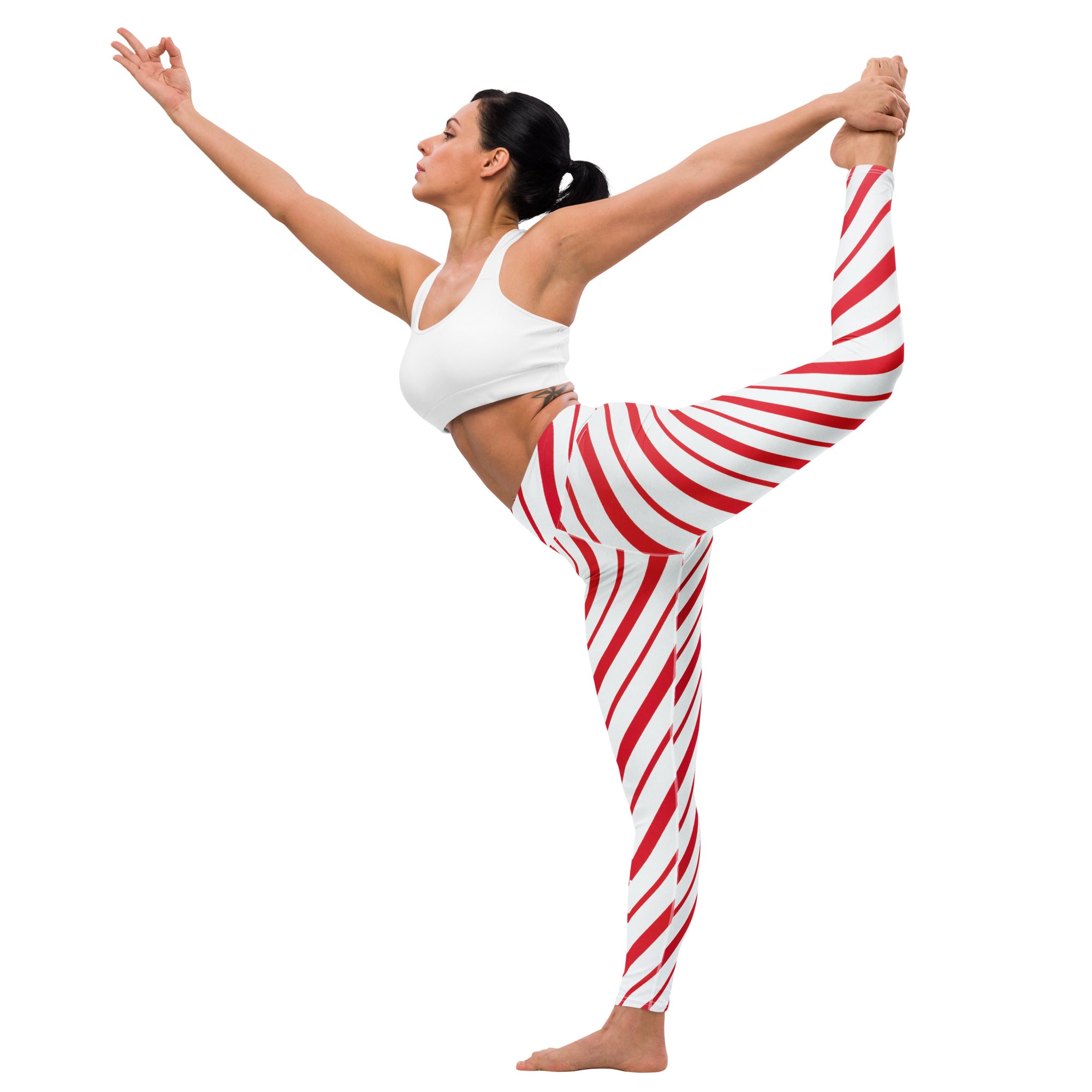 Women’s candy cane stripe buttery soft yoga leggings featuring red and white diagonal stripes for comfortable wear