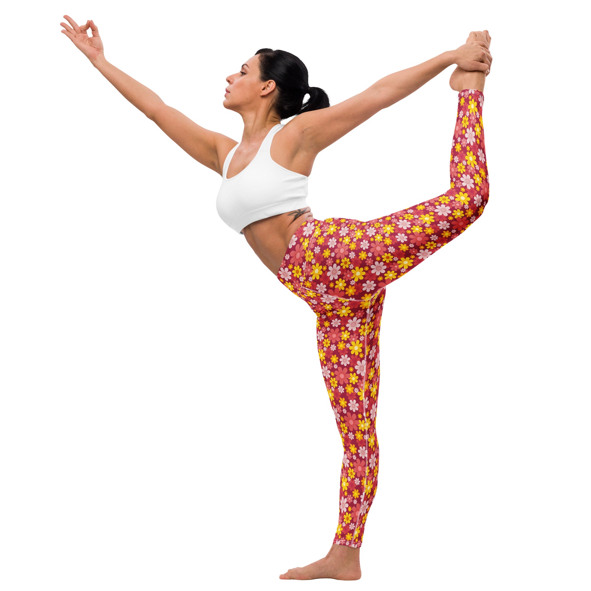 Women’s red floral buttery soft yoga leggings featuring vibrant yellow and pink blossoms for active wear