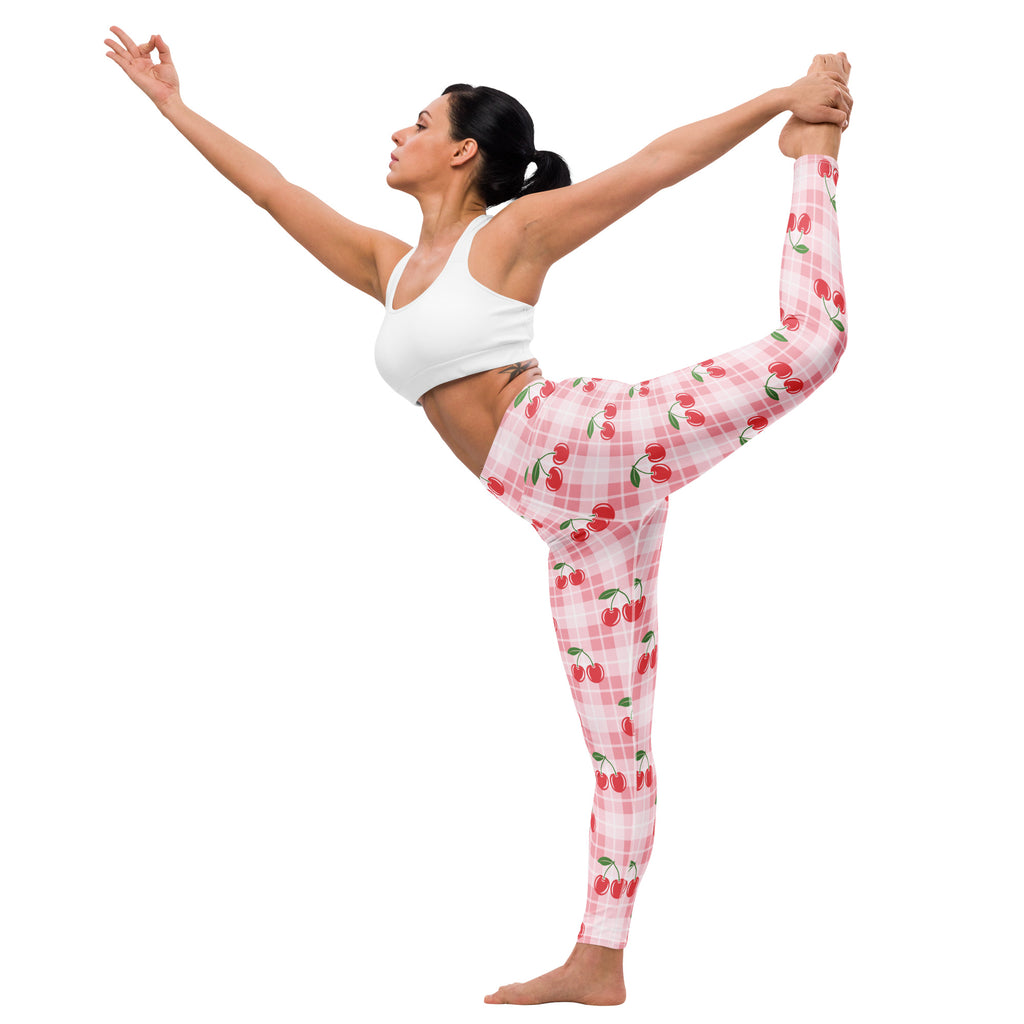 Women’s pink gingham cherry buttery soft yoga leggings with pink cherry-print plaid design for comfortable workouts