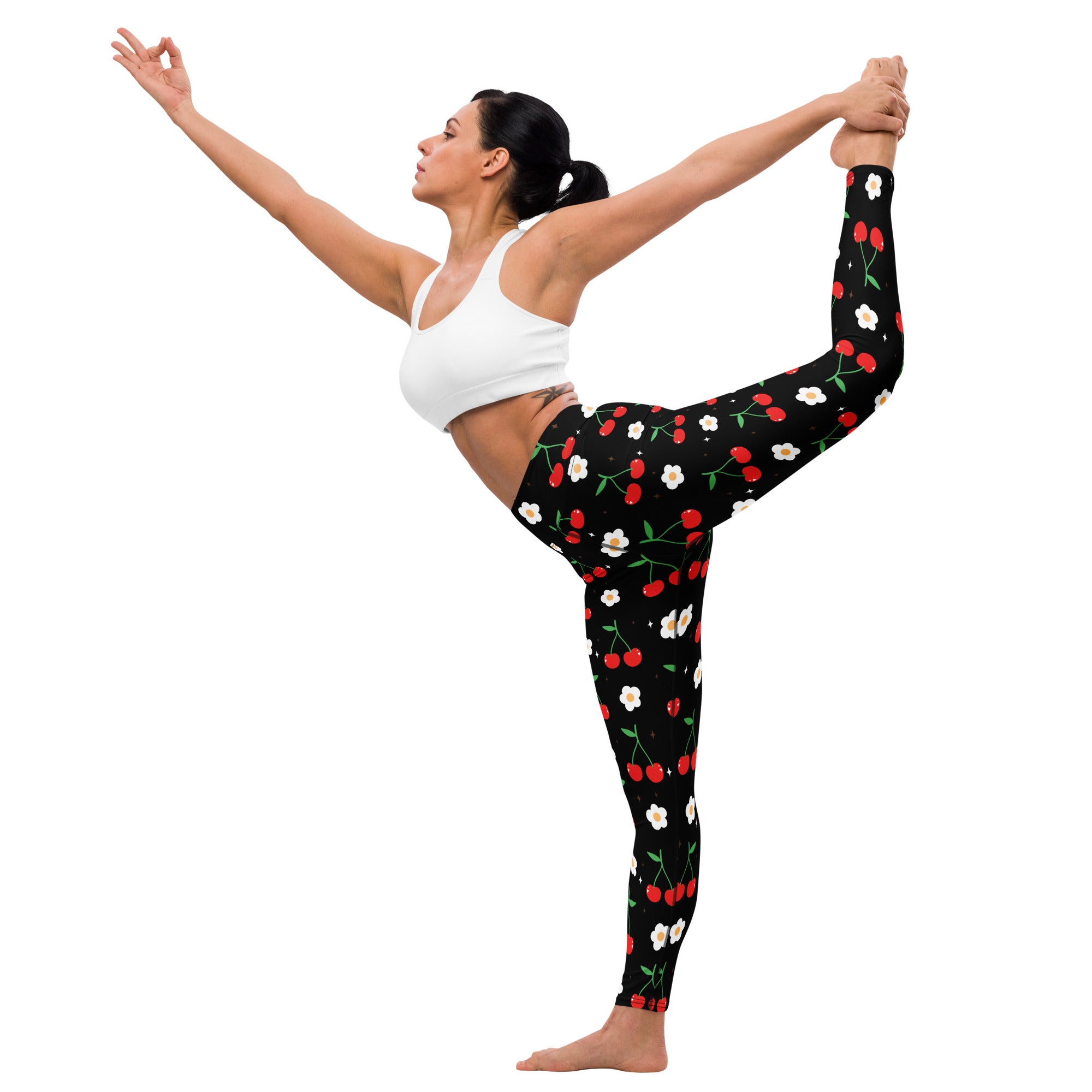 Women’s black cherry blossom buttery soft yoga leggings with vibrant red cherries and white flowers pattern