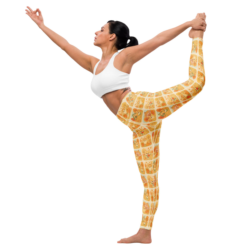 Women’s fall corgi buttery soft yoga leggings in yellow and orange with a fox pattern in square frames