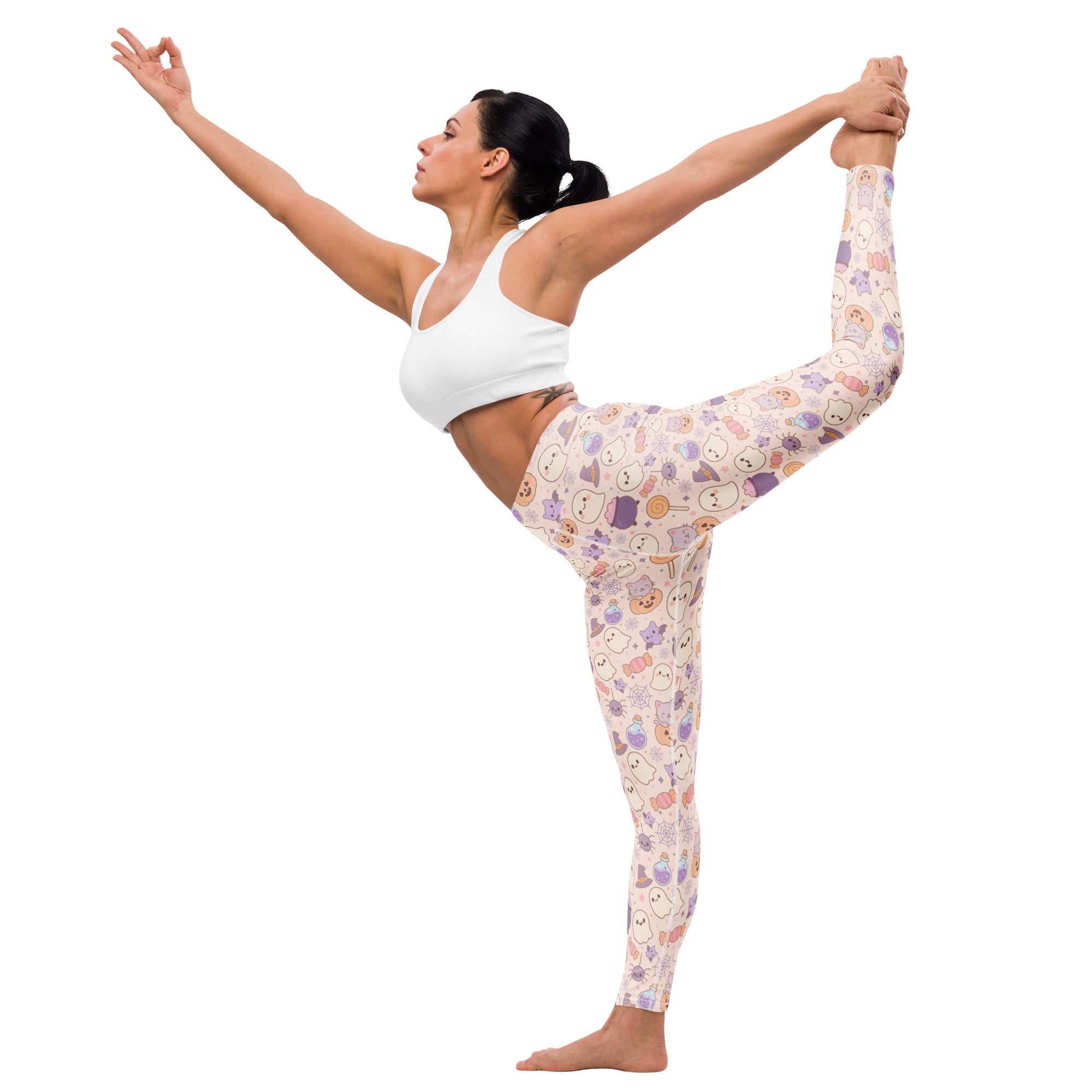 Women’s pastel pink buttery soft yoga leggings with playful cartoon bears and kitchen items pattern for halloween