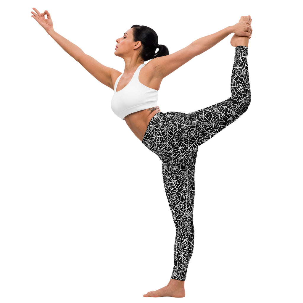 Black women’s buttery soft yoga leggings with white spiderweb pattern for halloween wear