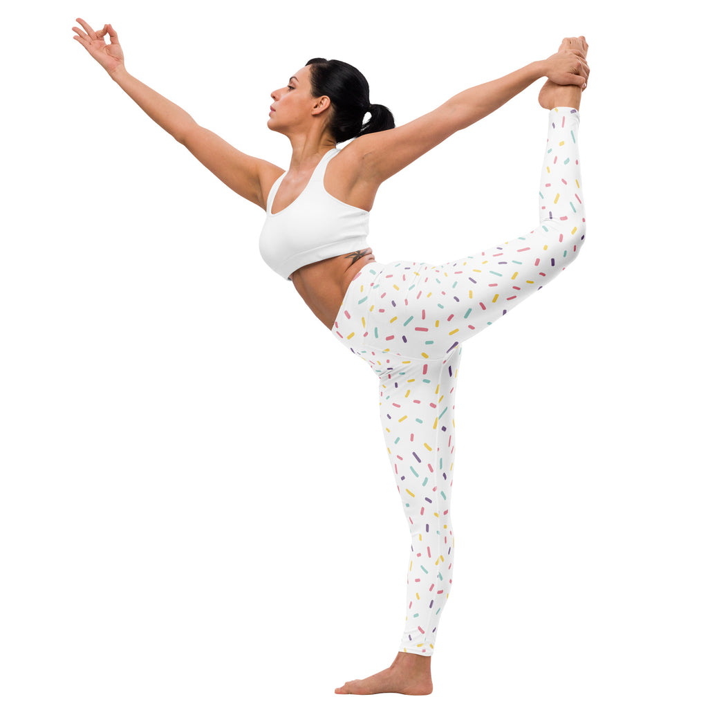 White buttery soft women’s yoga leggings with colorful sprinkle pattern for playful activewear style