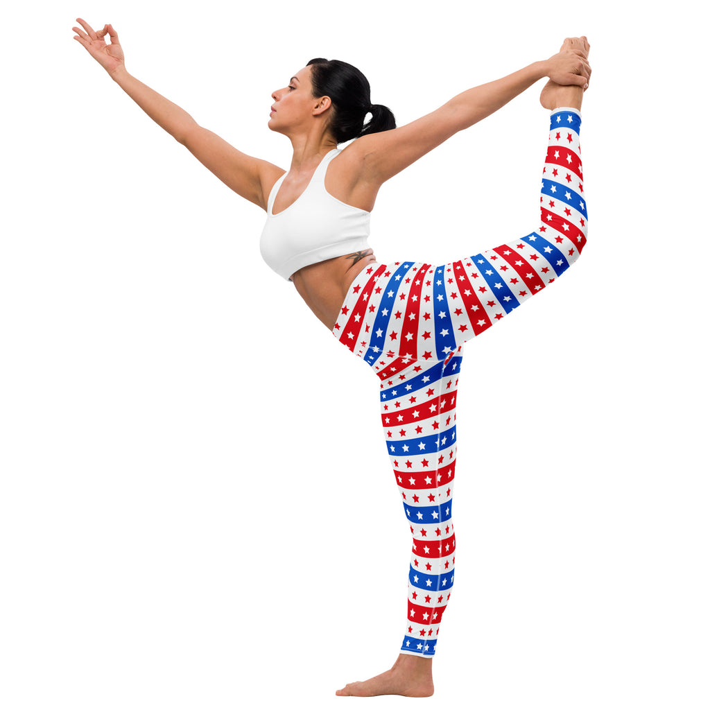 Women’s usa stars and stripes buttery soft yoga leggings in red white and blue stripes with star pattern