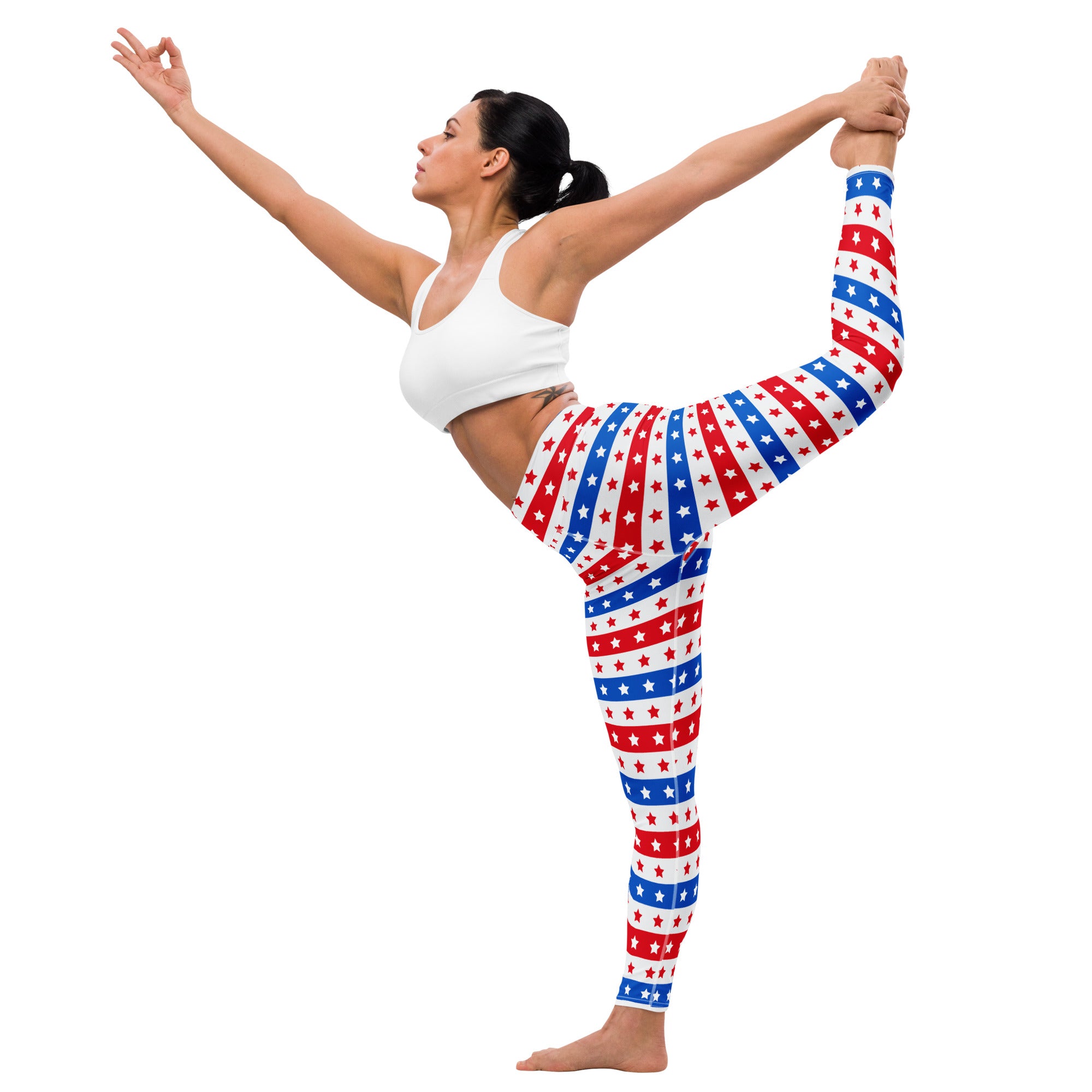 Women’s usa stars and stripes buttery soft yoga leggings in red white and blue stripes with star pattern