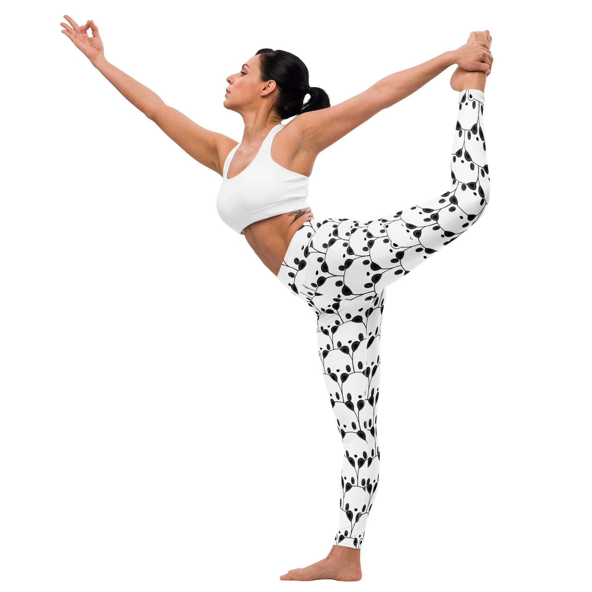 White buttery soft women’s yoga leggings with black panda silhouette pattern