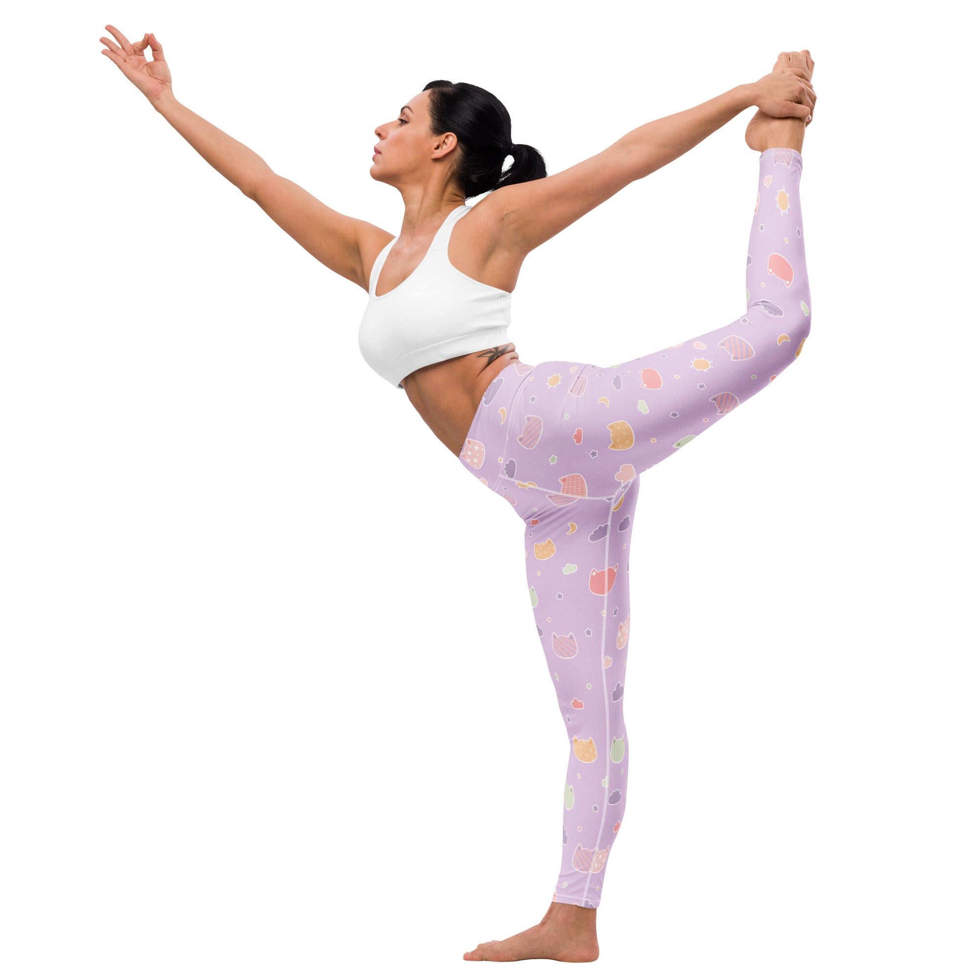 Lavender buttery soft women’s yoga leggings featuring a playful pastel purple kawaii cats and clouds pattern