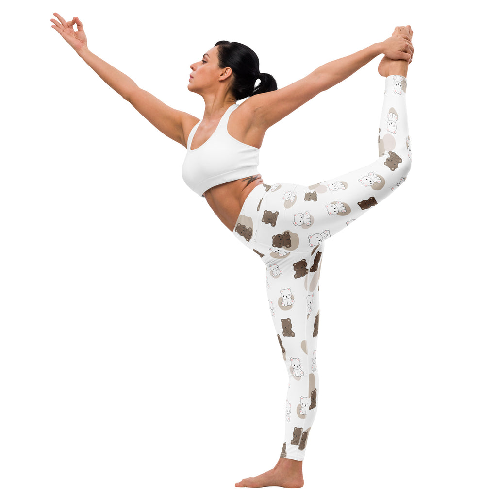 White buttery soft women’s yoga leggings with playful brown and gray cartoon teddy bear pattern