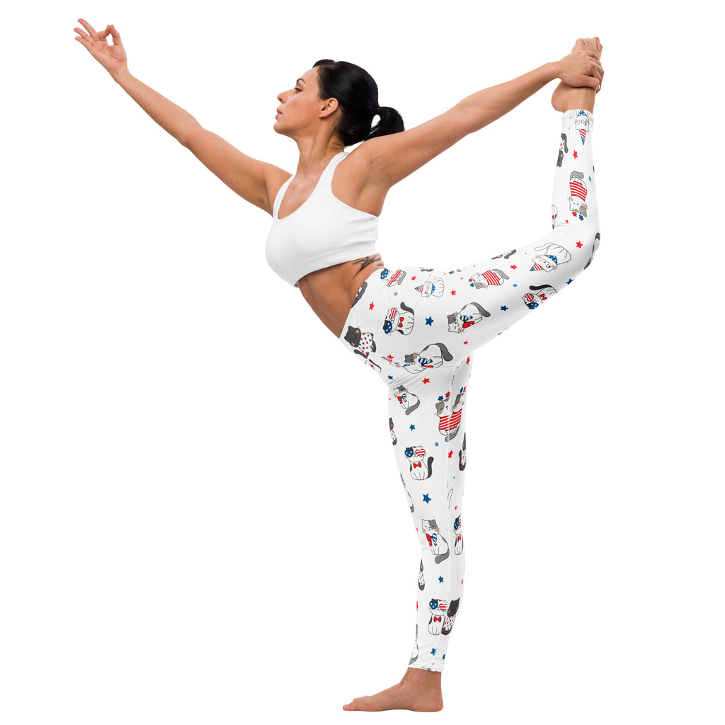 White buttery soft yoga leggings with patriotic cat and dog patterns wearing american flag outfits and red stars