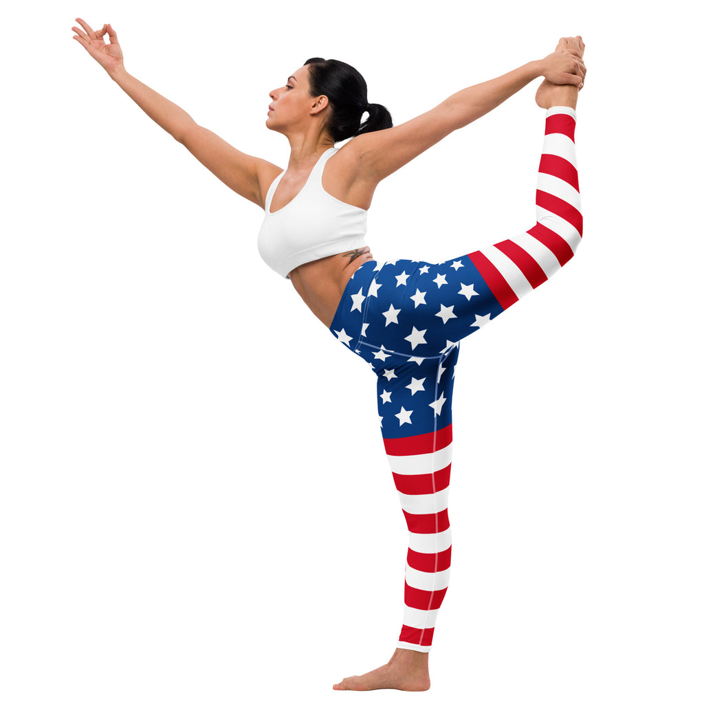 Women’s american flag buttery soft yoga leggings with red white and blue stripes and stars design