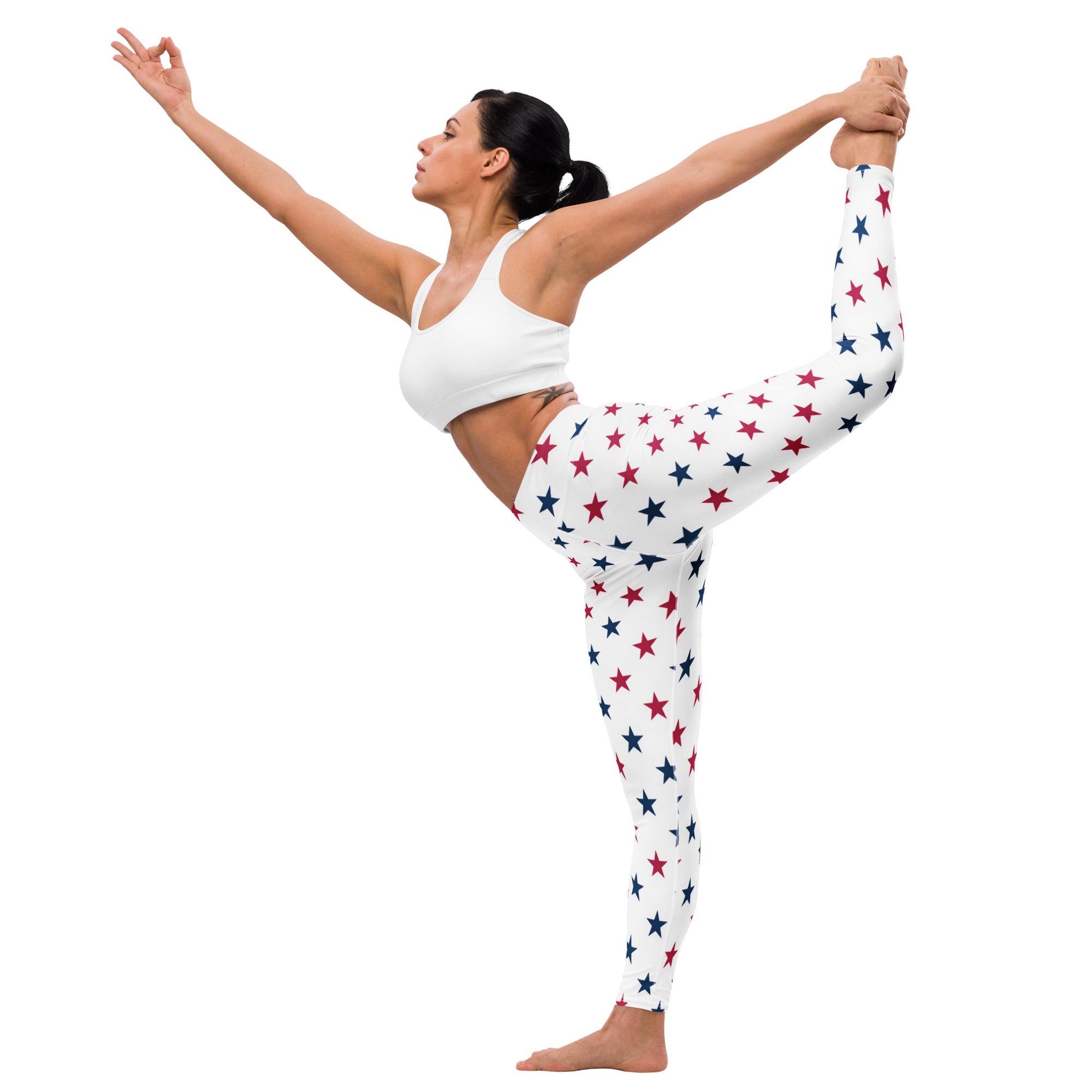 White buttery soft women’s yoga leggings featuring a red and blue star pattern for stylish activewear