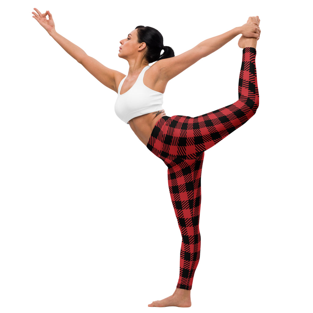 Women’s red buffalo plaid buttery soft yoga leggings in red and black plaid pattern shown from the front