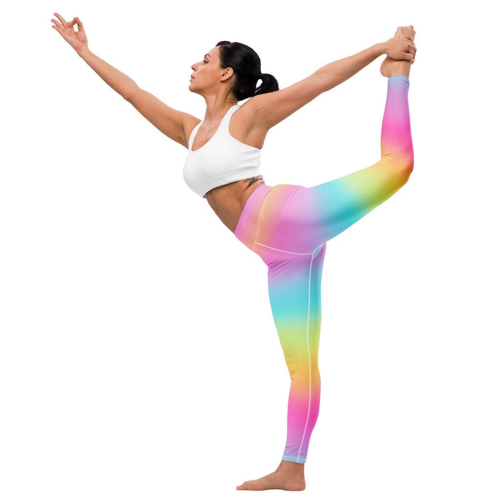 Women’s bright rainbow buttery soft yoga leggings with smooth stretchy fabric in a vibrant gradient design