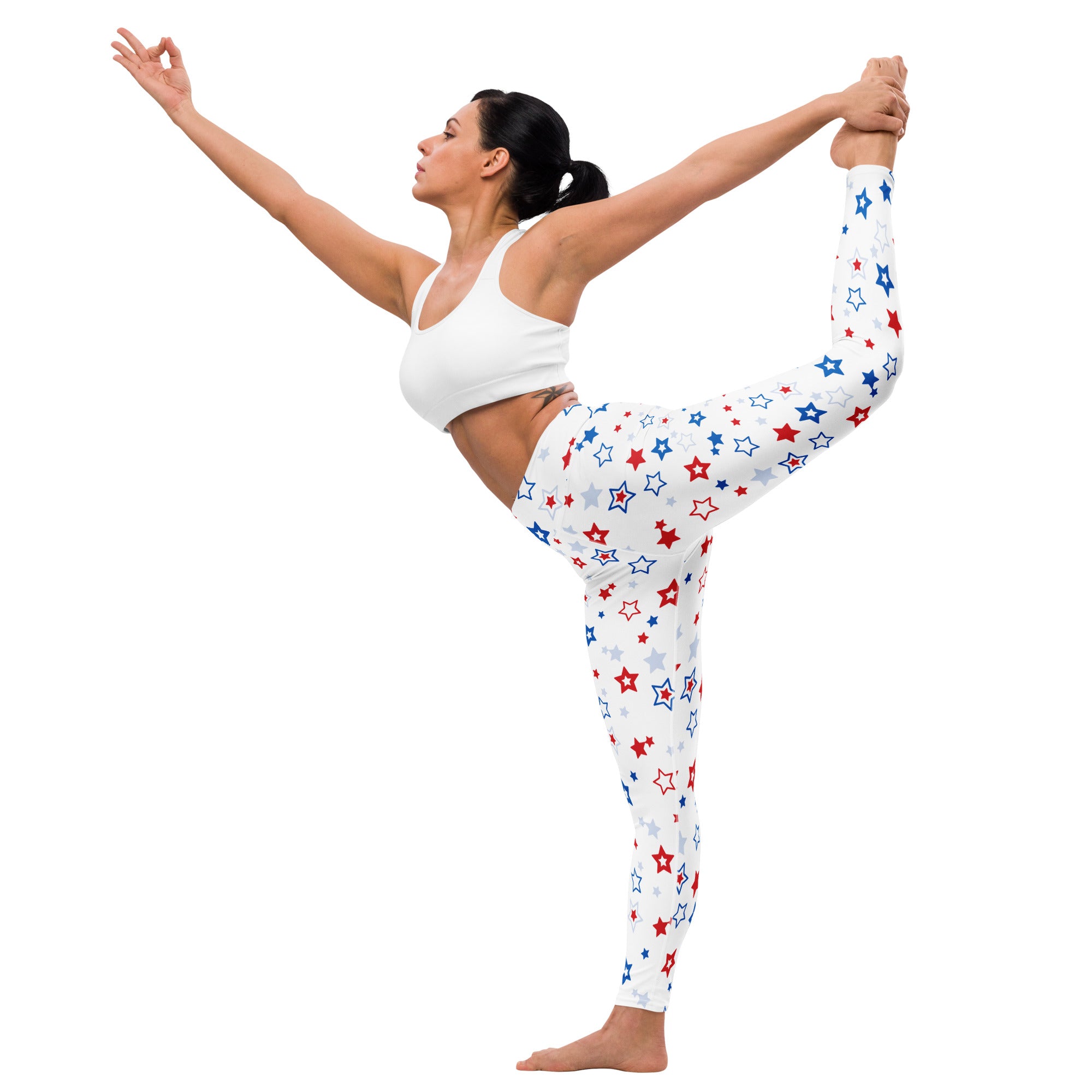 White buttery soft women’s yoga leggings with a playful red white and blue star pattern for usa pride