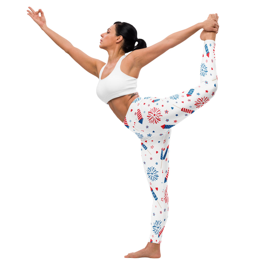 Women’s white buttery soft yoga leggings with red white and blue fireworks and star patterns for festive wear