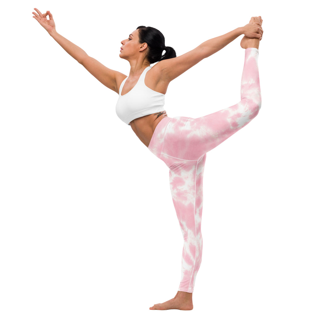 Women’s pink and white tie dye buttery soft yoga leggings designed for comfort and flexibility during exercise