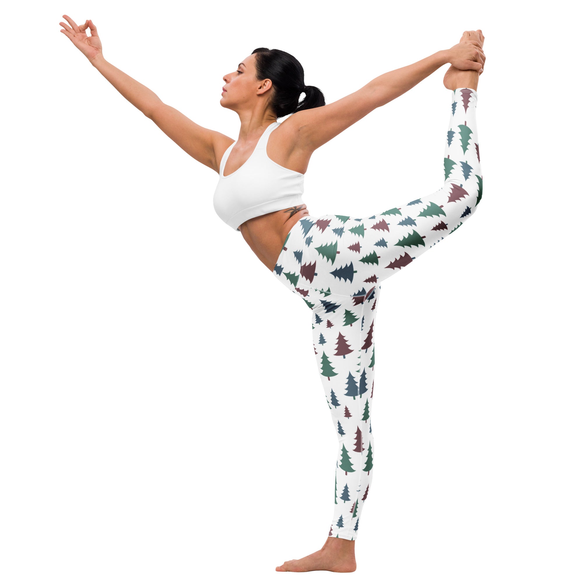 White buttery soft yoga leggings with green and maroon pine tree pattern for women featuring a christmas design