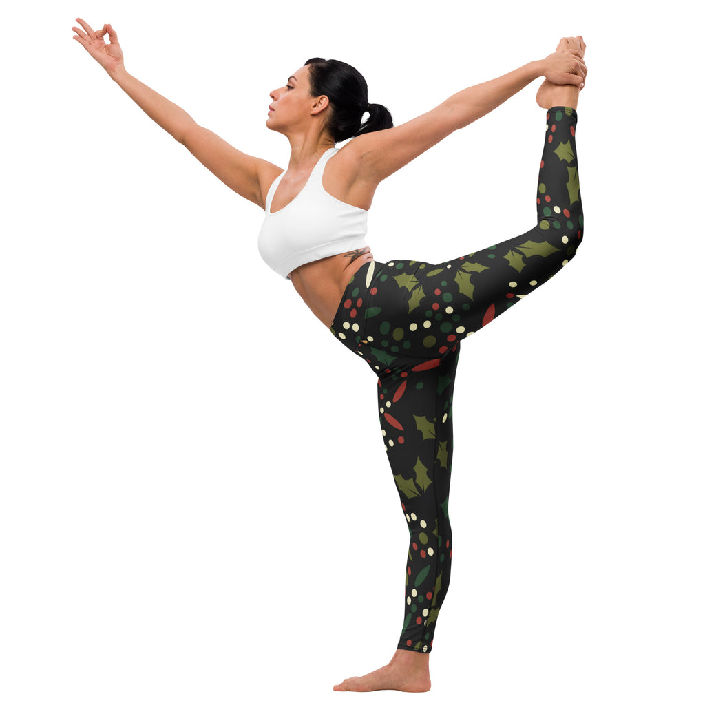 Women’s holly berry buttery soft yoga leggings in black with green holly leaves red berries and white dots festive pattern