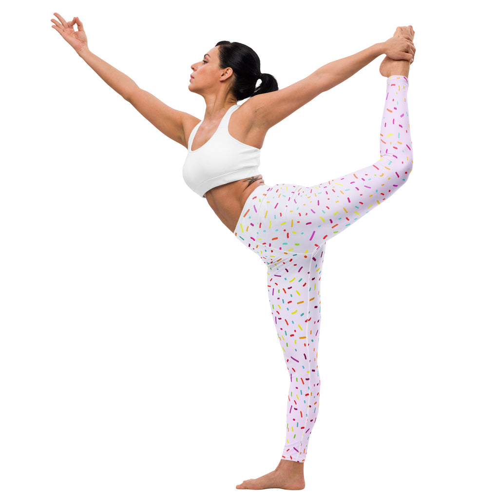 White buttery soft yoga leggings with colorful playful sprinkle pattern perfect for women’s activewear