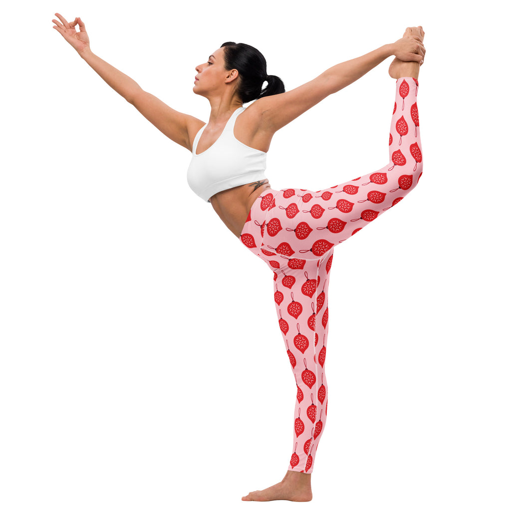 Women’s buttery soft pink yoga leggings with red strawberry pattern festive christmas ornament design