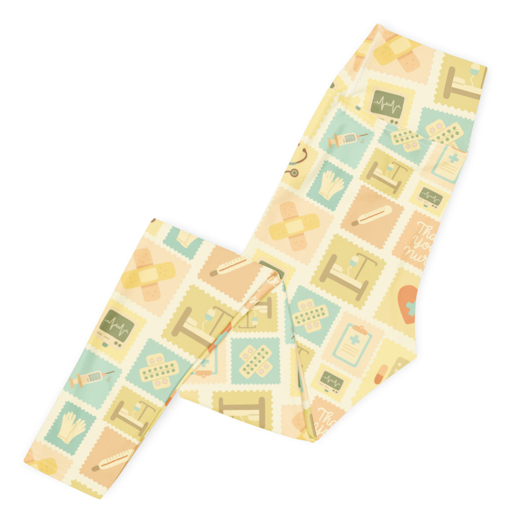 Women’s beige nurse icon buttery soft high waisted yoga leggings with pastel medical print in mint green peach cream
