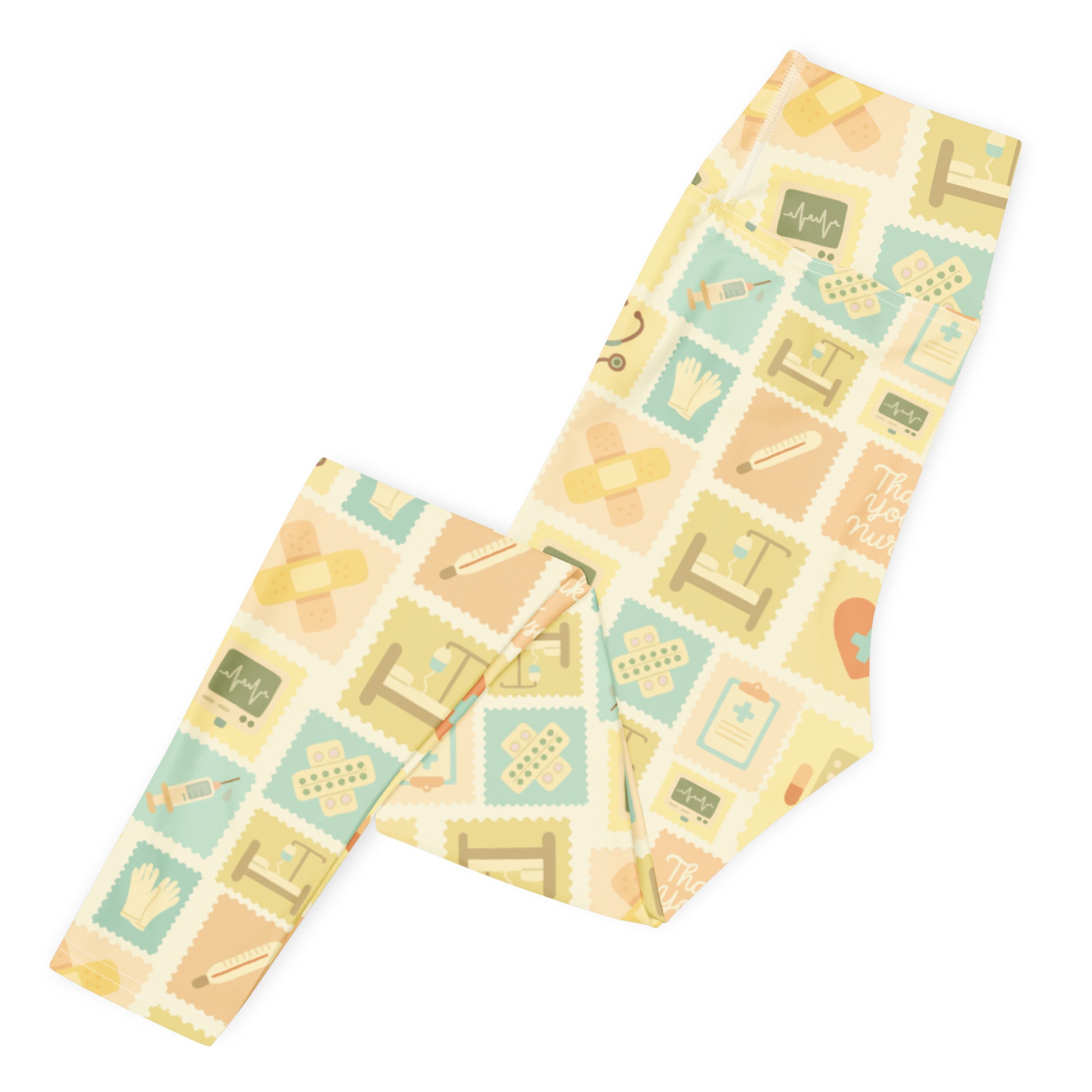 Women’s beige nurse icon buttery soft high waisted yoga leggings with pastel medical print in mint green peach cream