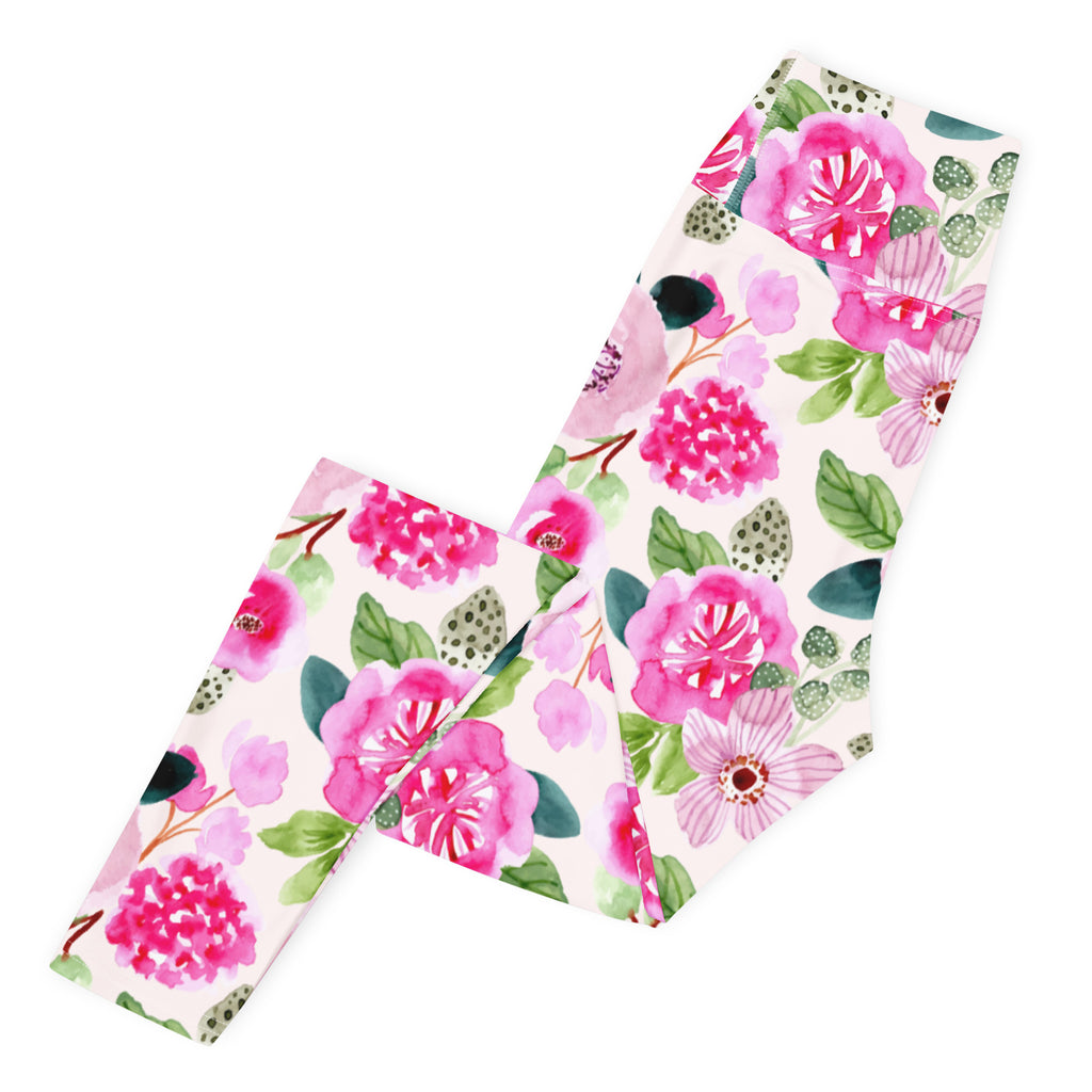 Women's Pink Watercolor Floral Buttery Soft Yoga Leggings - Quick Drying, High Waisted Comfort