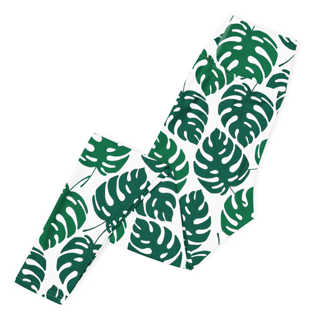 Women's Green Monstera Leaf Buttery Soft Yoga Leggings - Quick Drying, High Waisted Comfort