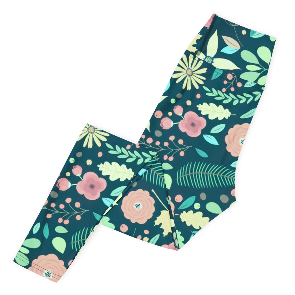 Women's Dark Green Floral Buttery Soft Yoga Leggings - Quick Drying, High Waisted Comfort