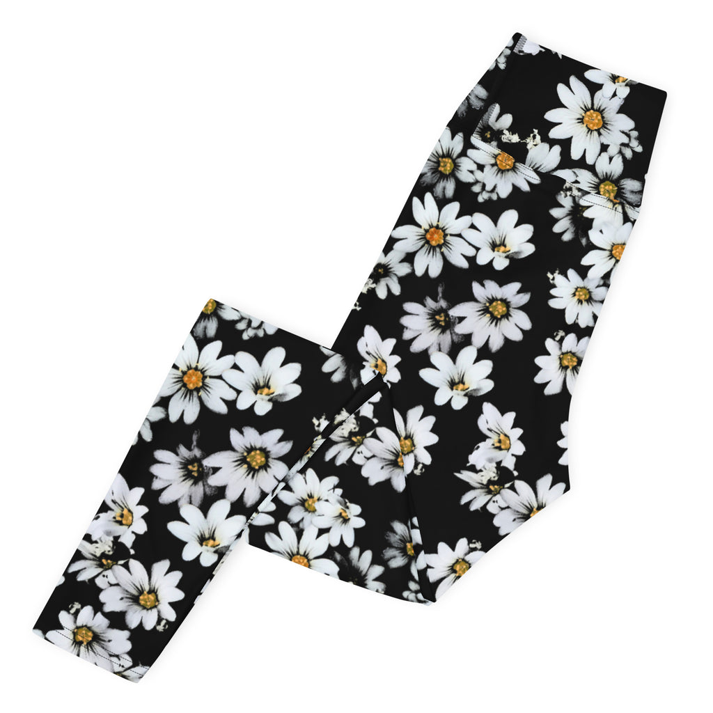 Women's Black Daisy Floral Buttery Soft Yoga Leggings - Quick Drying, High Waisted Comfort