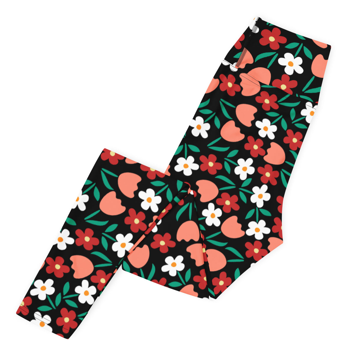 Women's Coral Red Floral Buttery Soft Yoga Leggings - Quick Drying, High Waisted Comfort